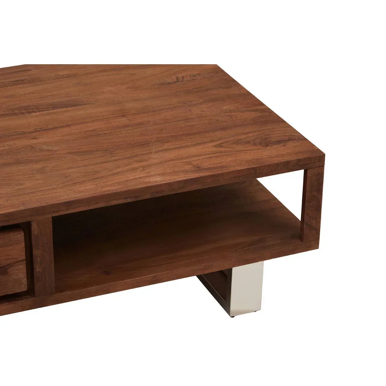 Rectangular wooden coffee table with open shelf and metal leg corner detail
