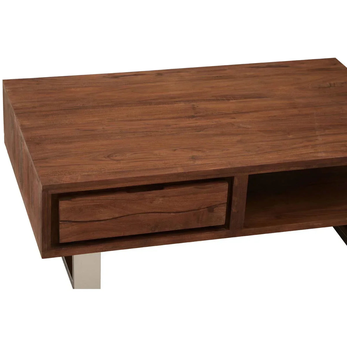 Walnut wood coffee table with drawer, open storage shelf and metal legs, front angle view