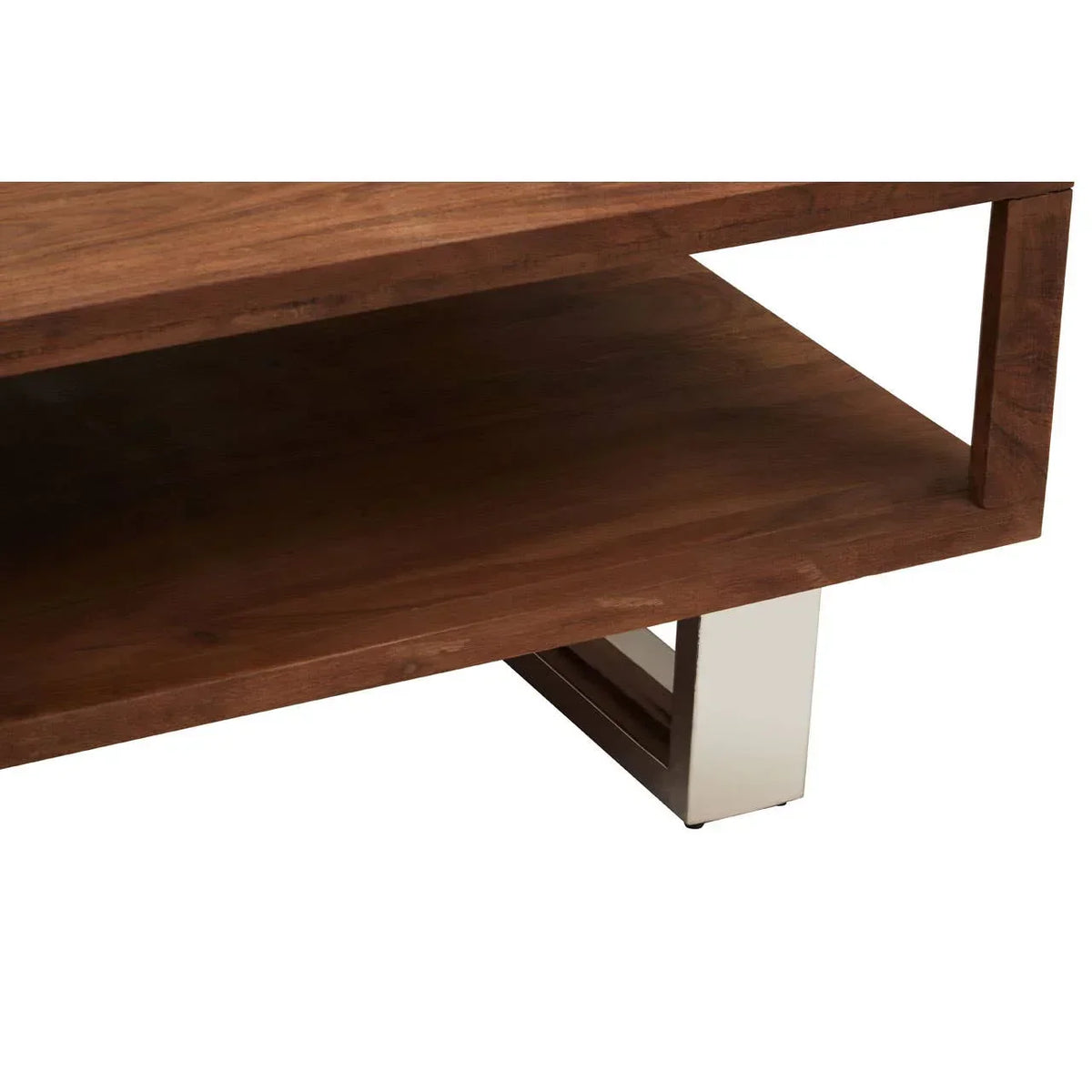 walnut coffee table with metal leg and shelf closeup