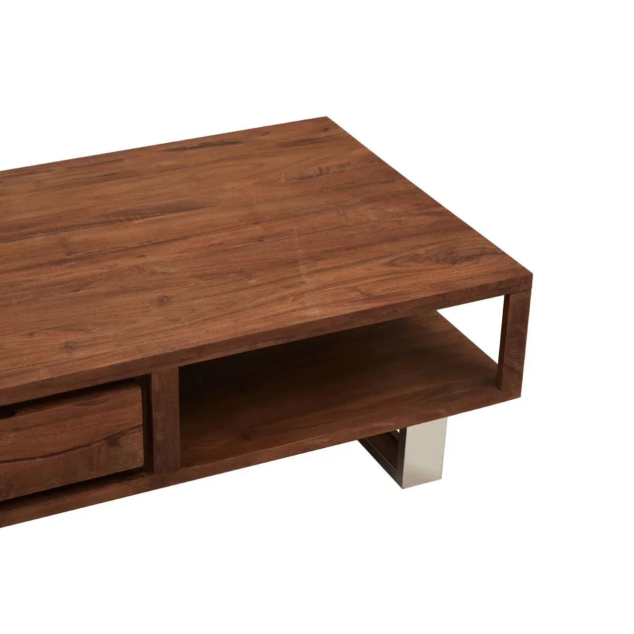 Walnut coffee table with storage shelf and metal leg, modern rectangular design