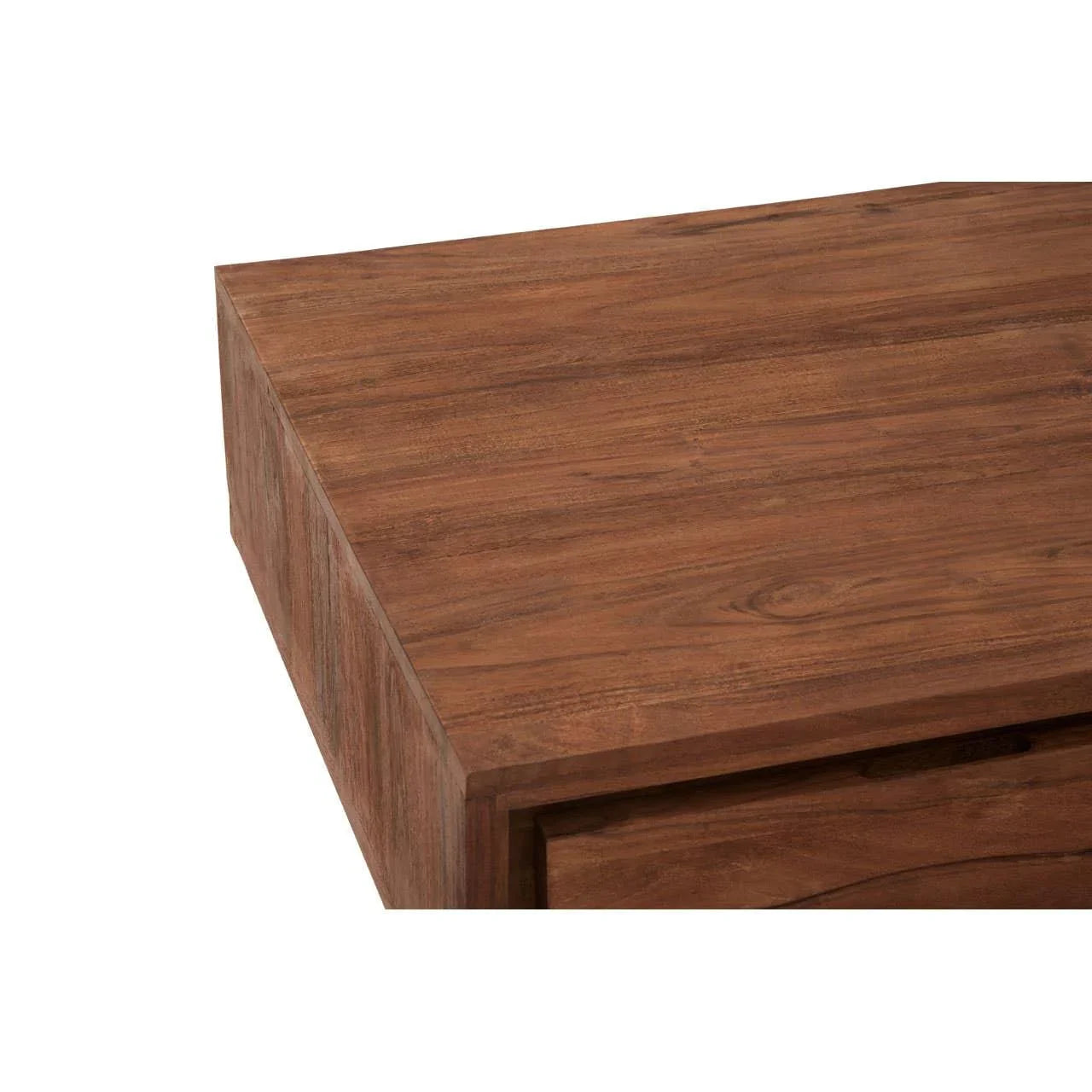 Close view of wooden furniture surface showing natural wood grain and corner detail
