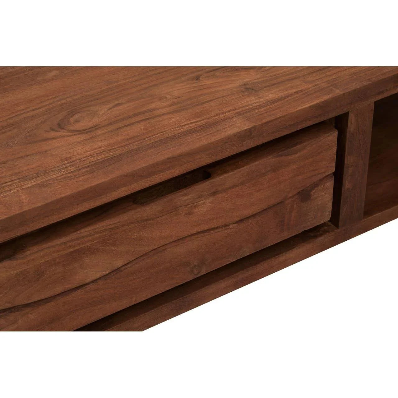 Solid wood media unit with natural grain and cut-out handle drawer detail
