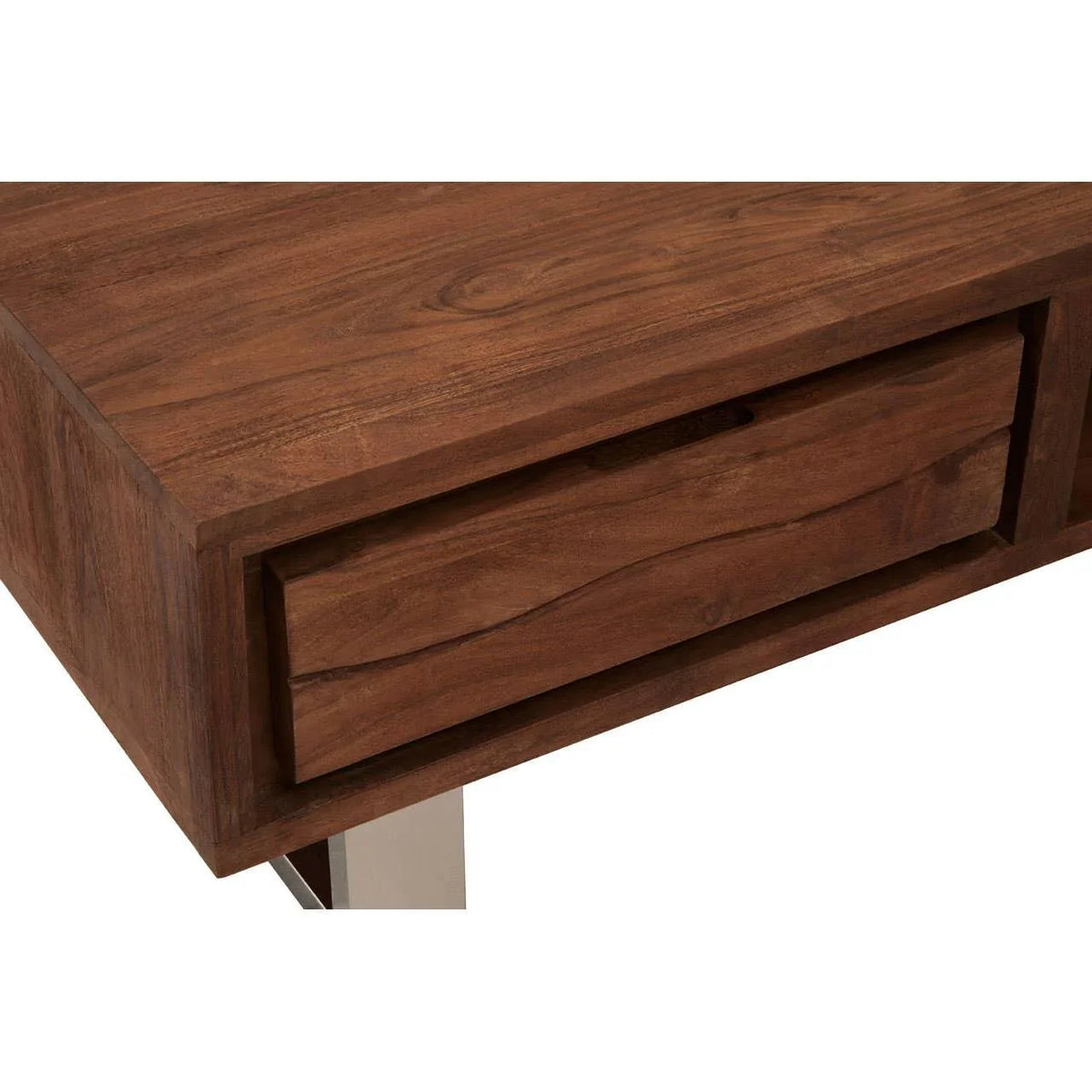 Solid wood console table with single drawer and visible wood grain, close-up corner view