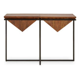 Modern wood and metal console table with geometric design and two triangular panels