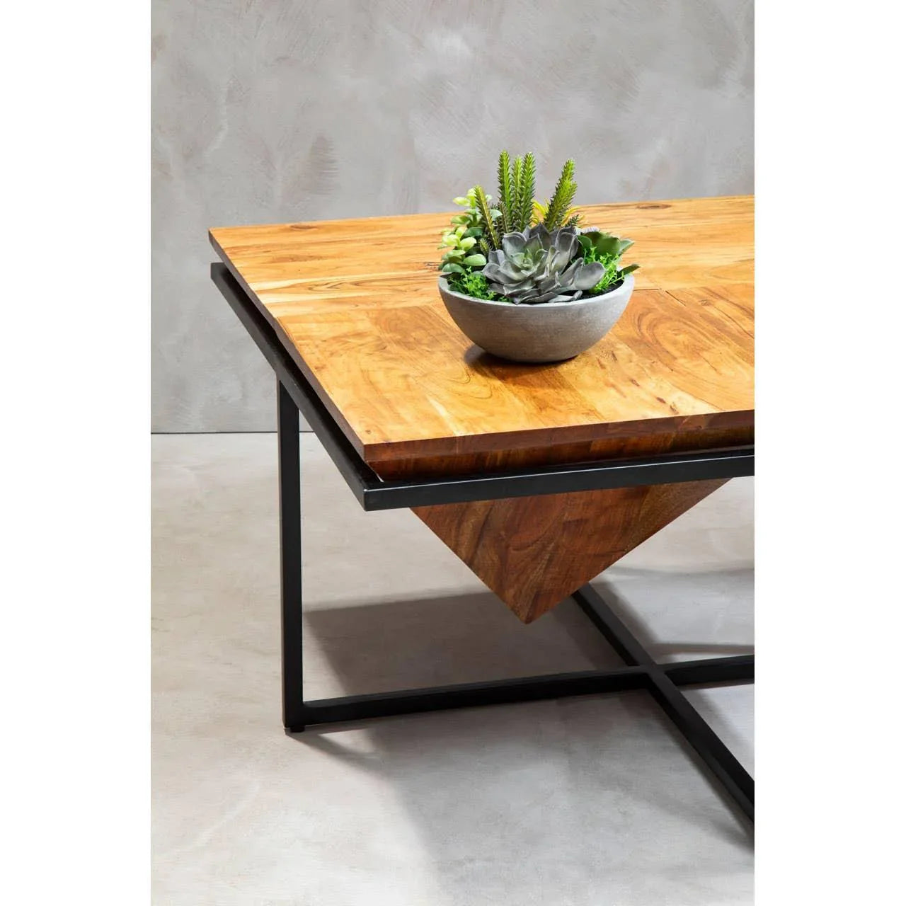 Modern wood coffee table with black metal frame and concrete planter with succulents