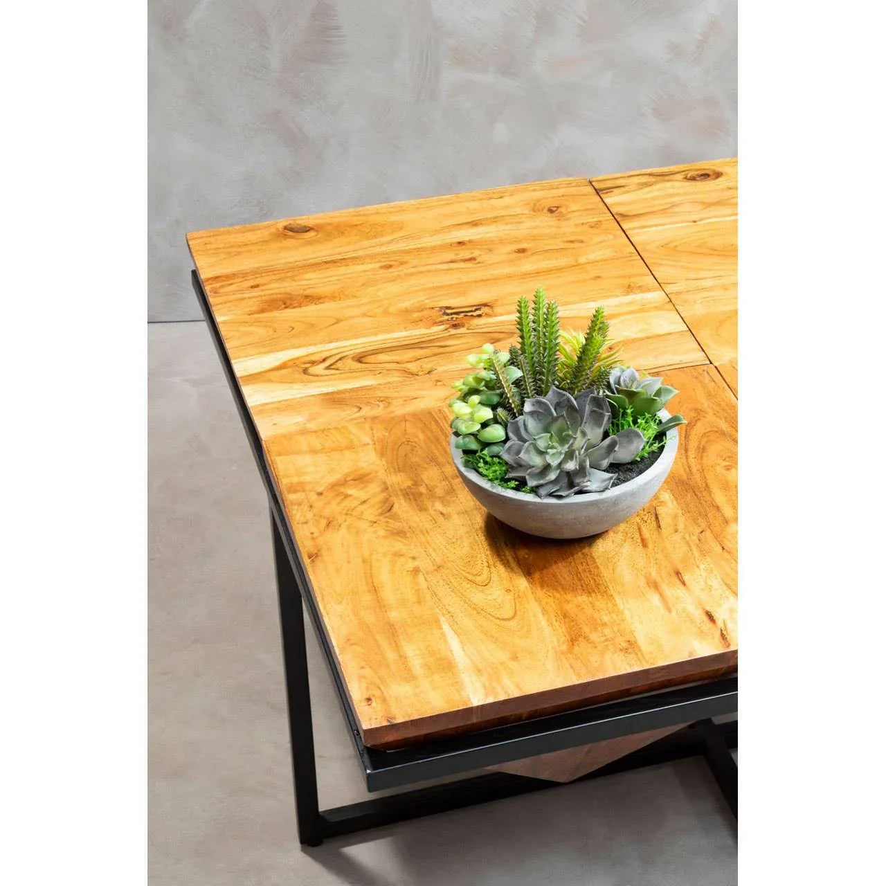 Wood dining table with black metal legs and potted succulents centerpiece