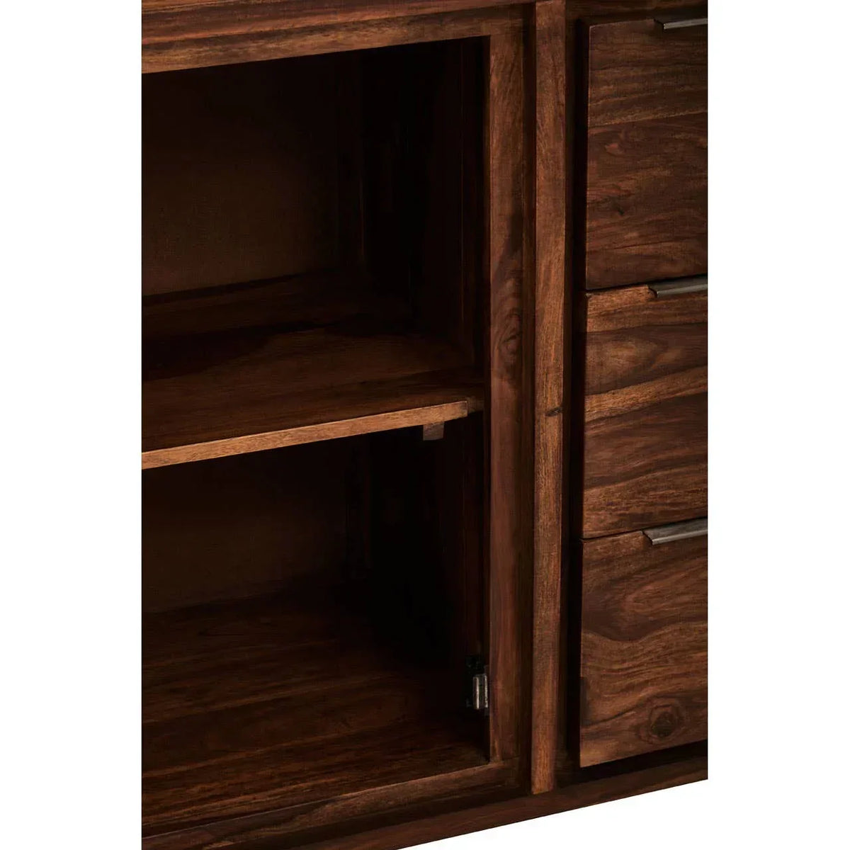 Solid wood sideboard cabinet open with shelf and drawer detail visible