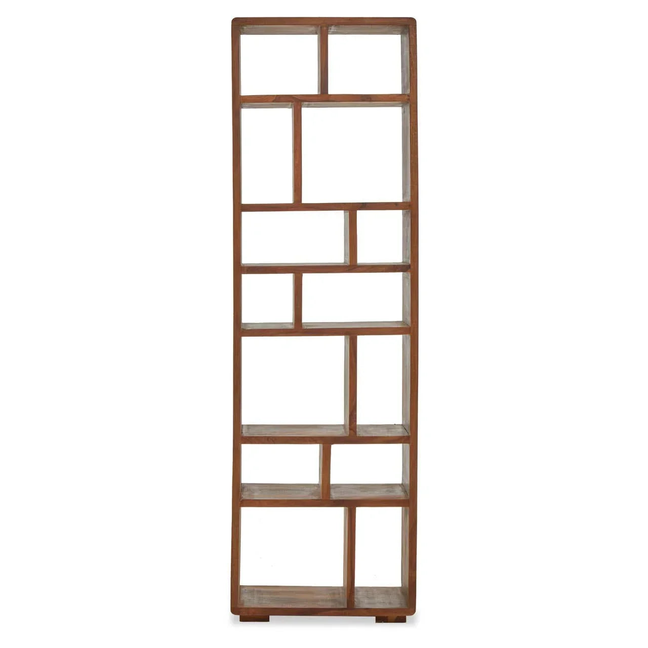 Tall wooden bookcase with asymmetric open shelves and natural finish, front view