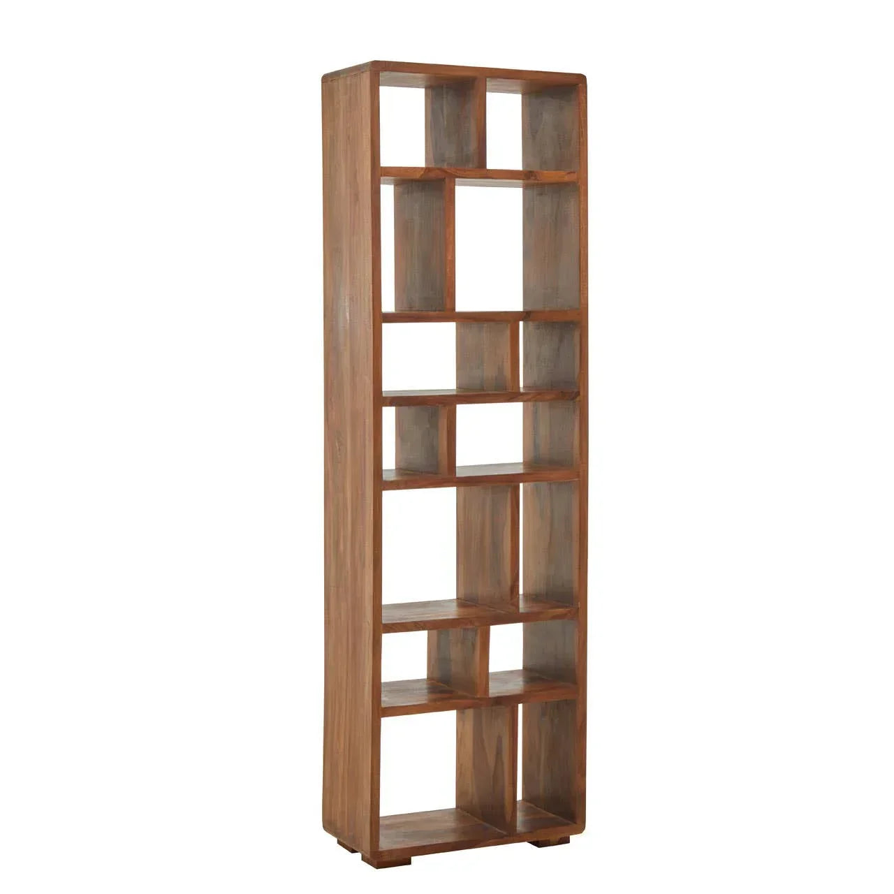 Tall wooden bookcase with open shelves and natural finish, angled view