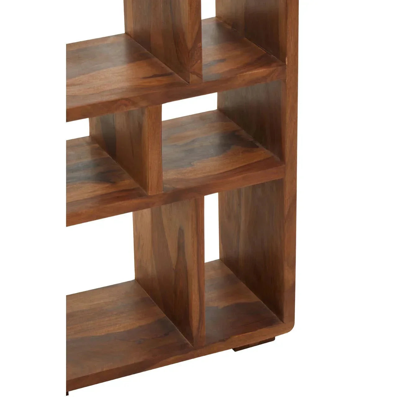 Close-up of wooden bookcase shelving unit with natural grain and open compartments