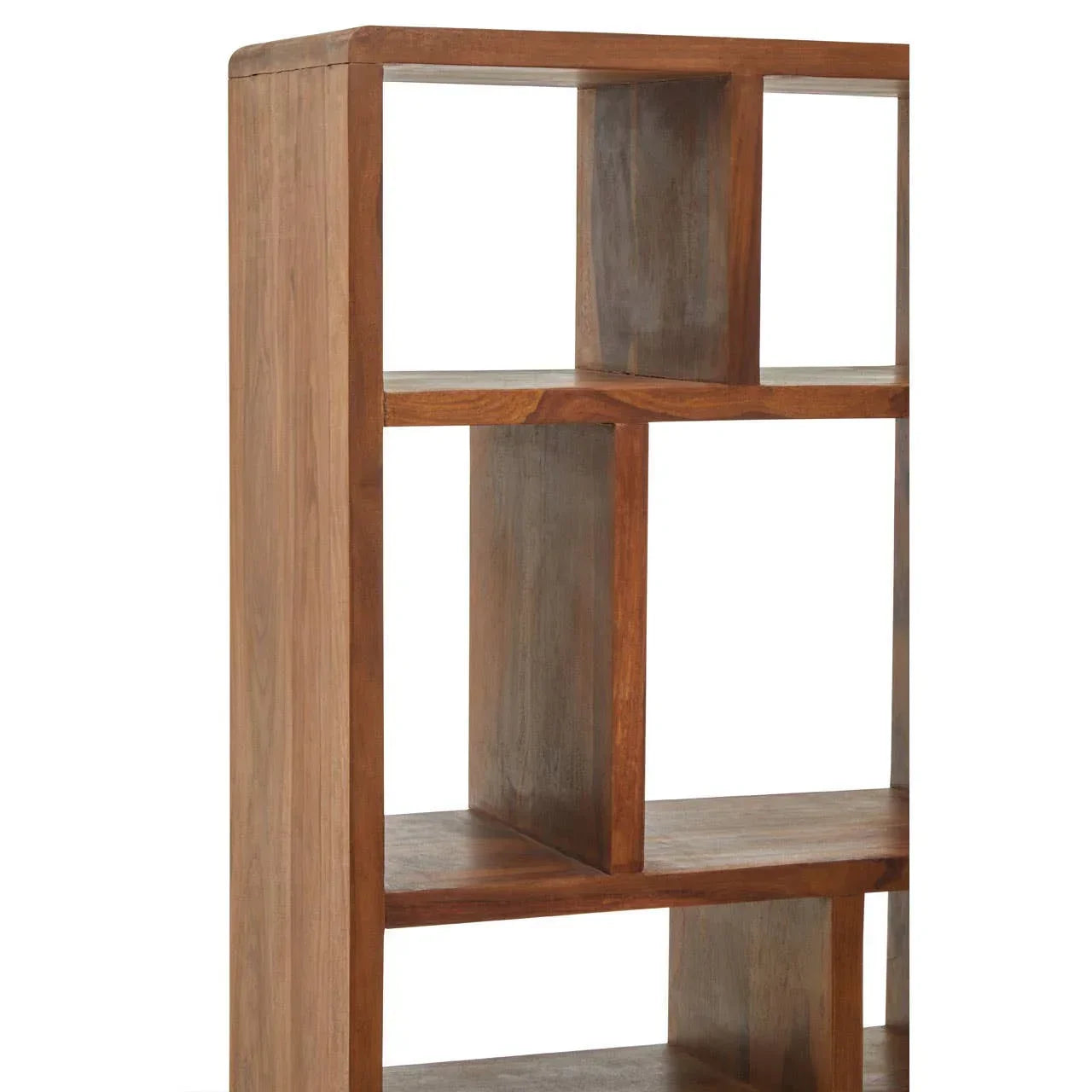 Modern wooden bookcase with open shelves and natural finish, close side angle view