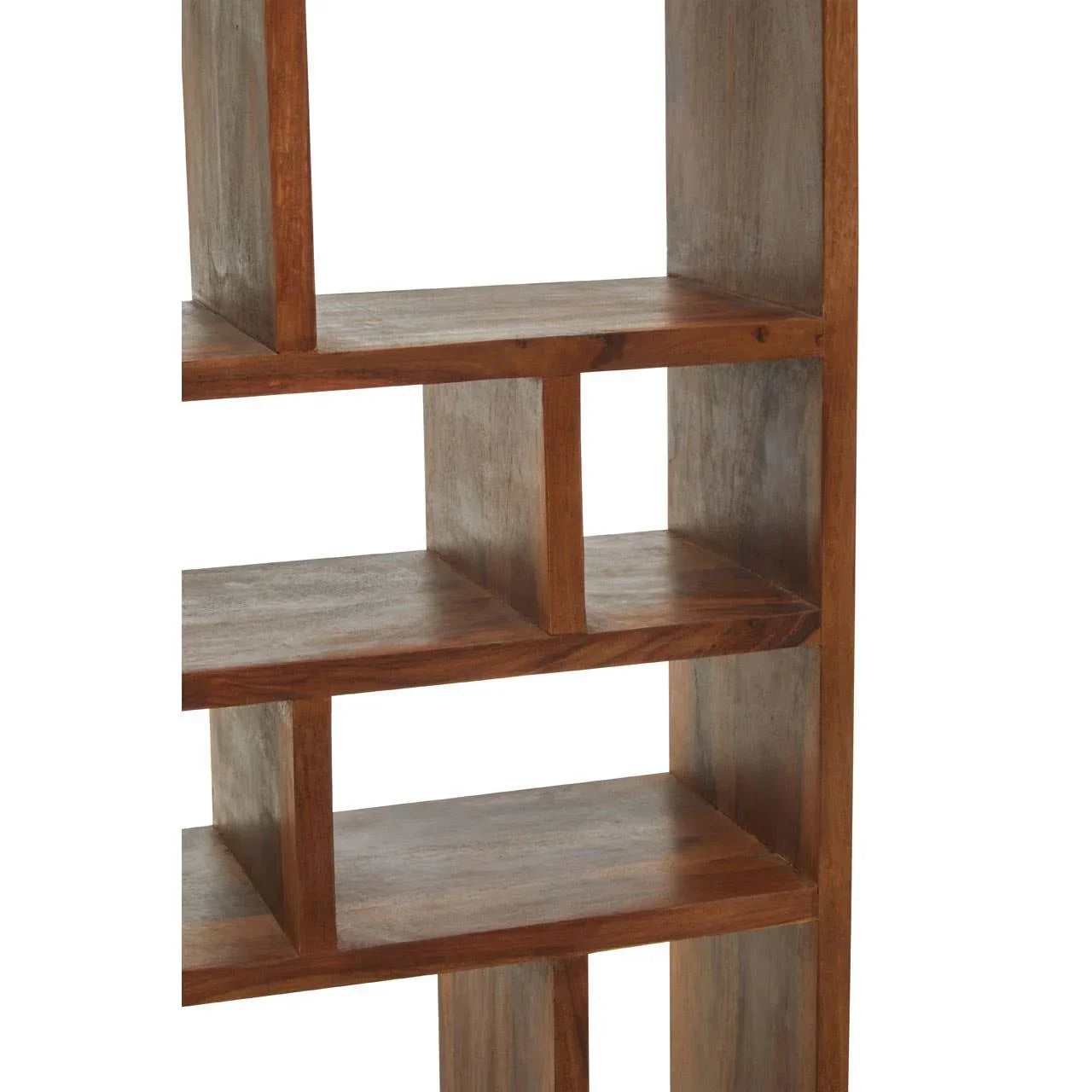 Solid wood shelving unit with open-back design and natural finish, side angle view
