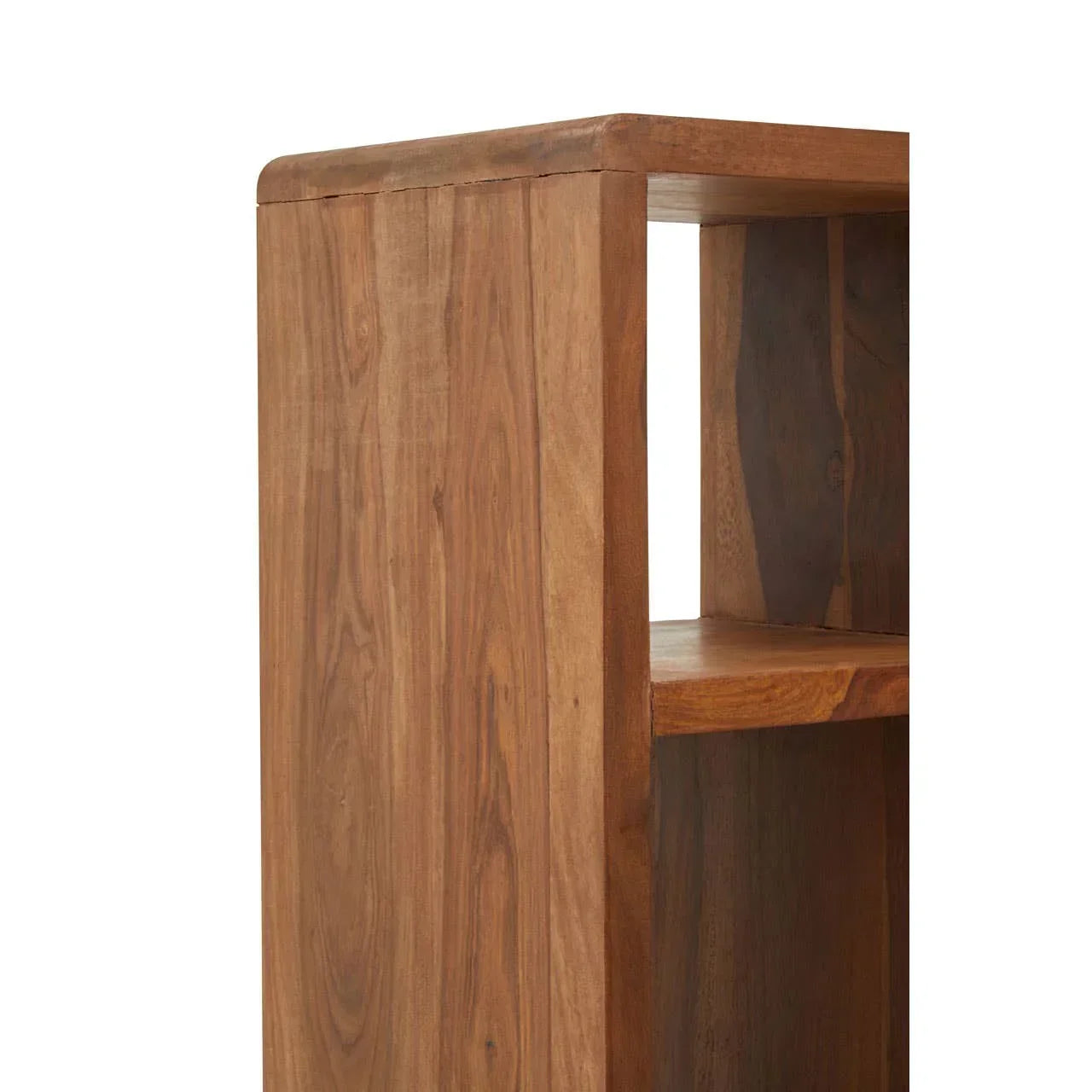 Solid wood bookcase corner view with open shelf and natural grain finish