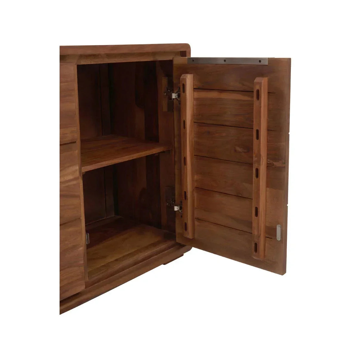 Open solid wood sideboard cabinet with interior shelf and visible wood grain