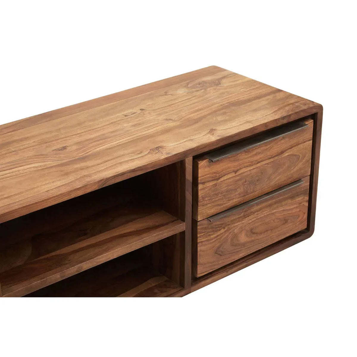 Solid wood TV unit with open shelf and two storage drawers, close-up of corner detail