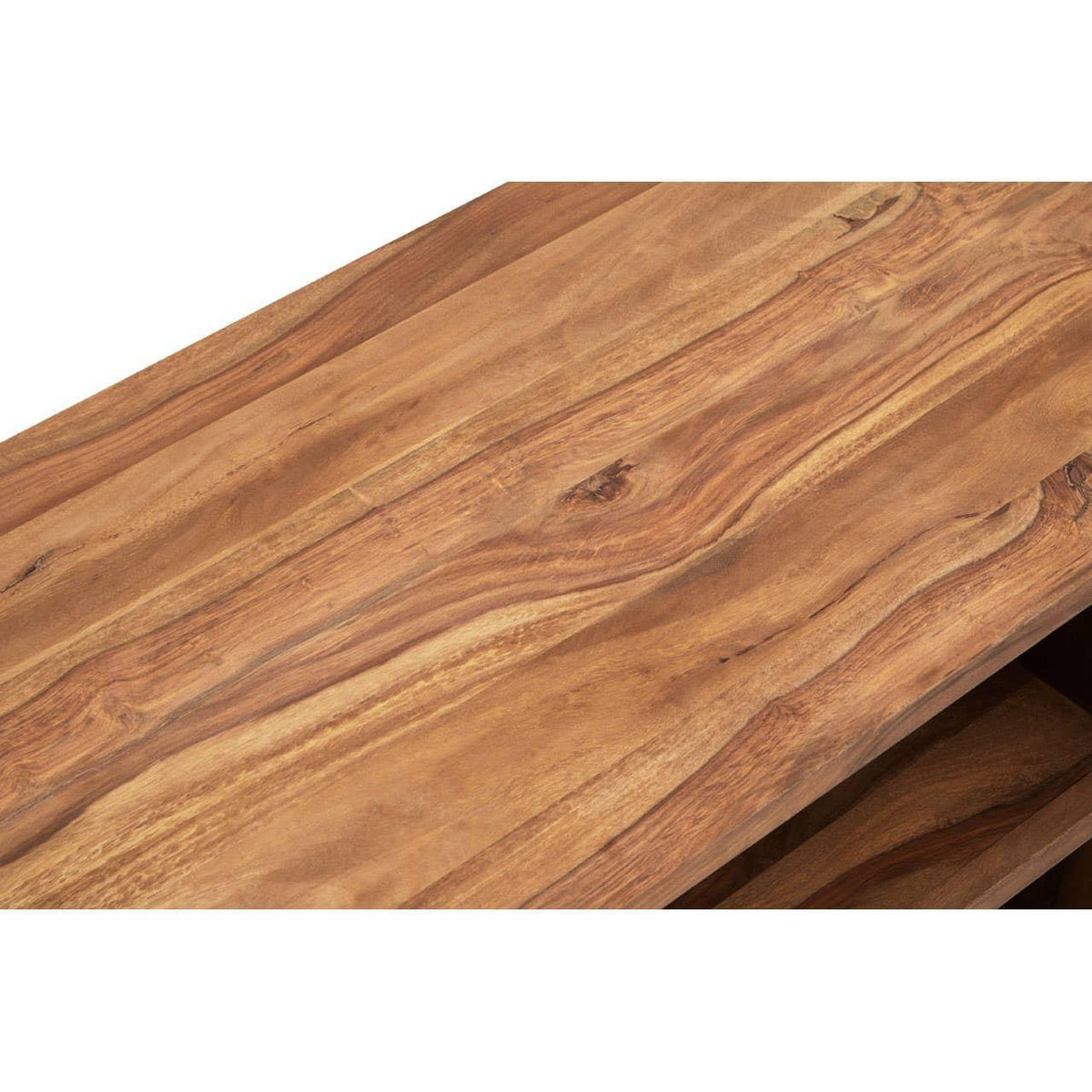 Natural wood coffee table surface with visible grain and smooth finish, close-up view