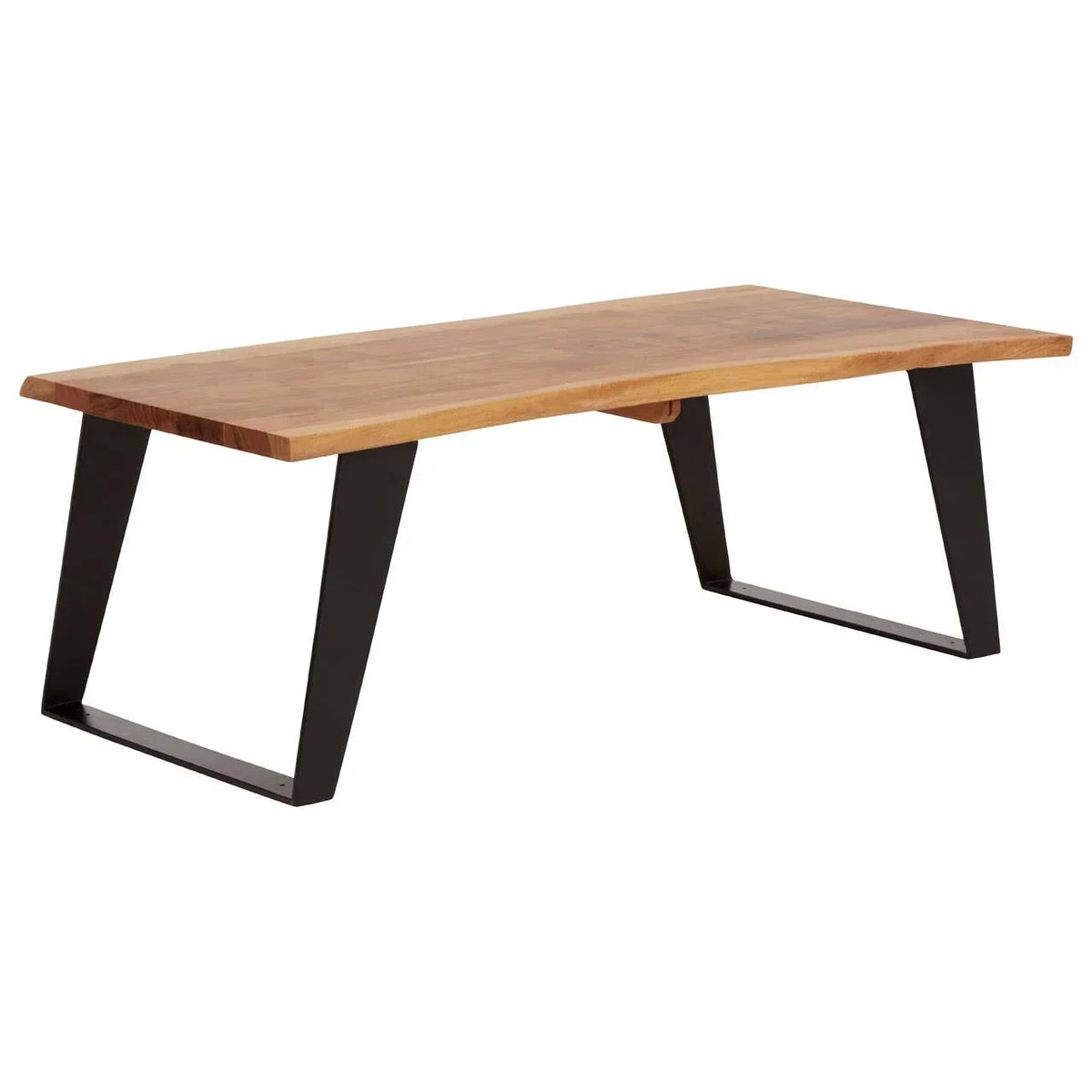 Modern wooden dining table with live edge top and black metal legs on white background