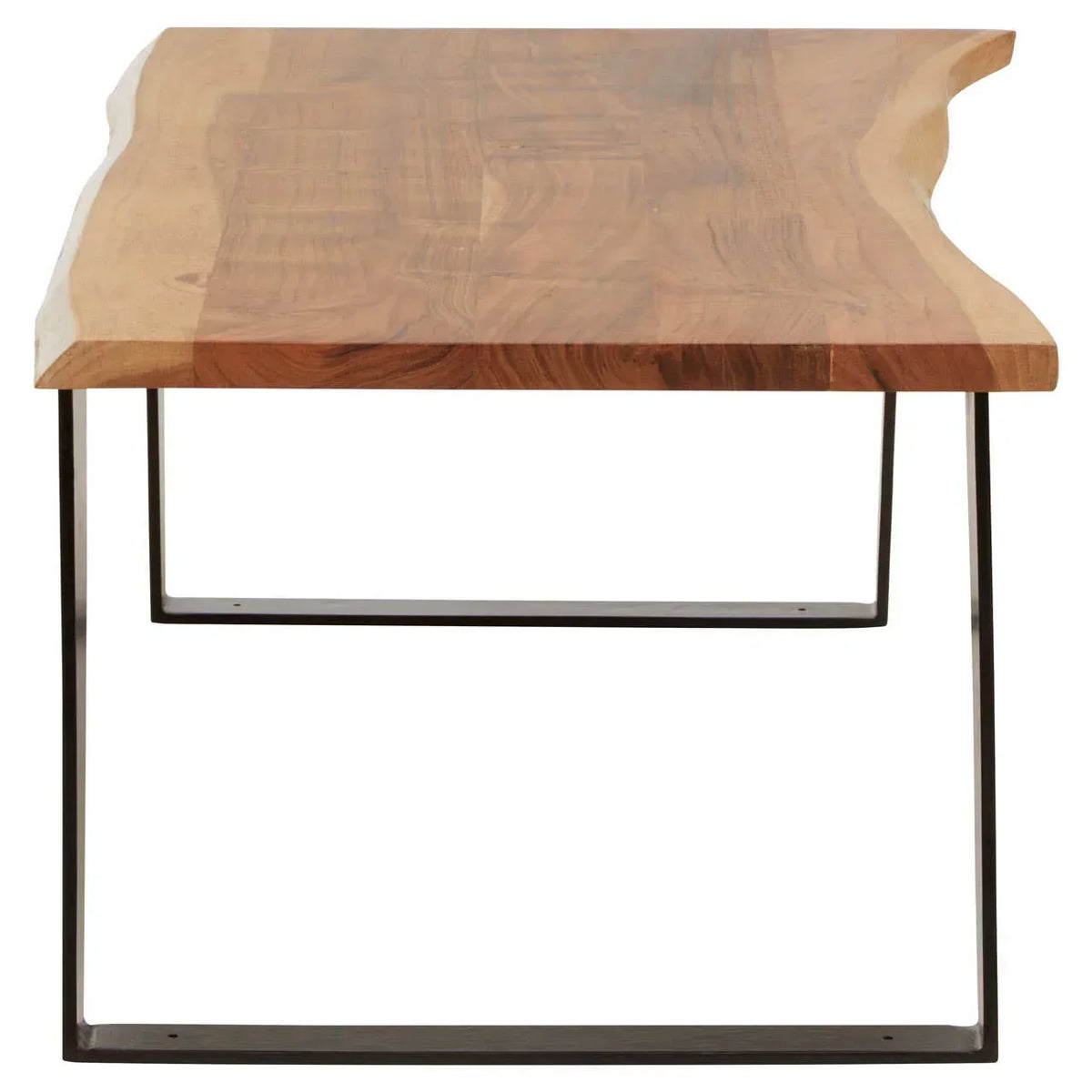 Live edge wood dining table with metal legs, natural grain and rectangular shape
