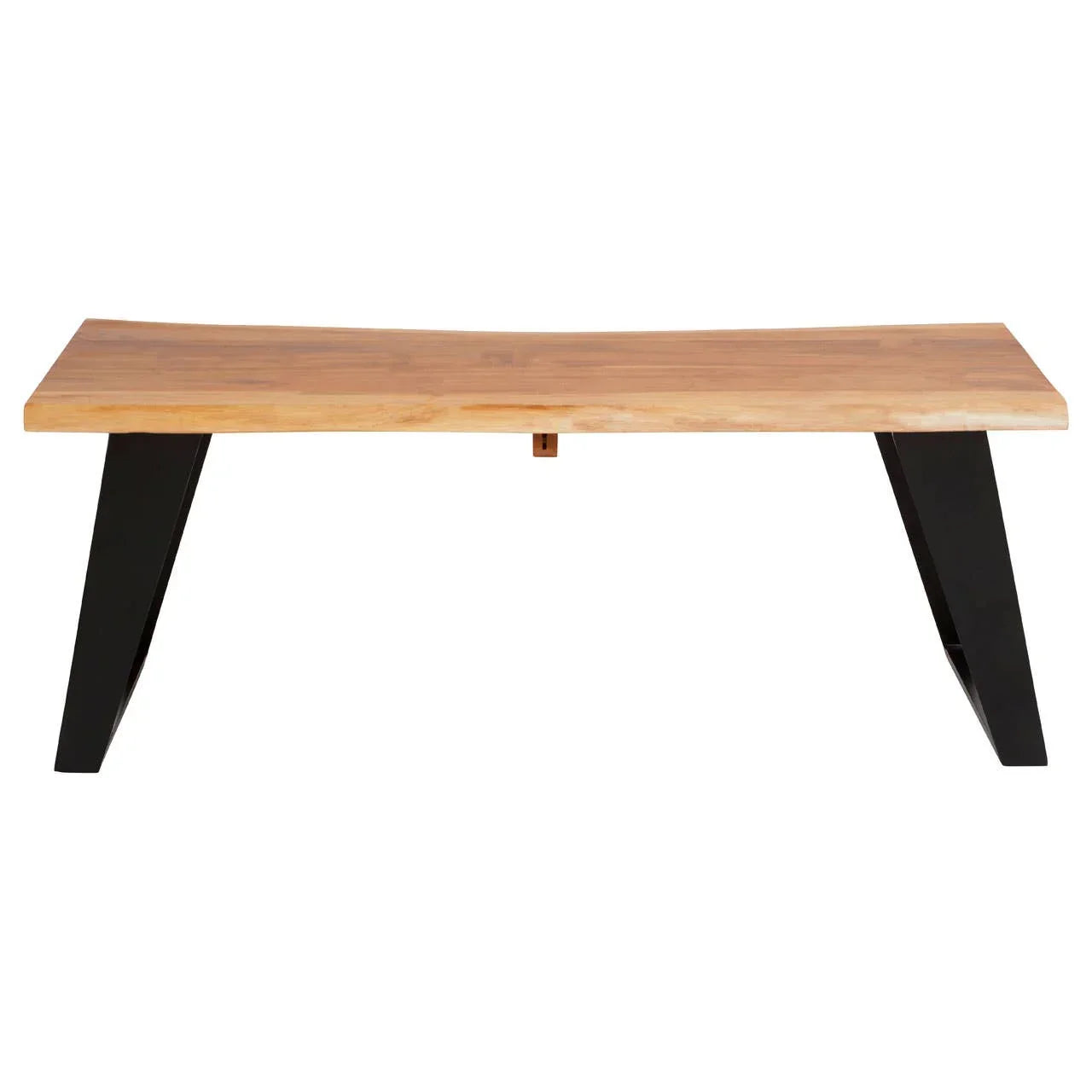 Wood dining bench with black metal angled legs, natural finish, front view