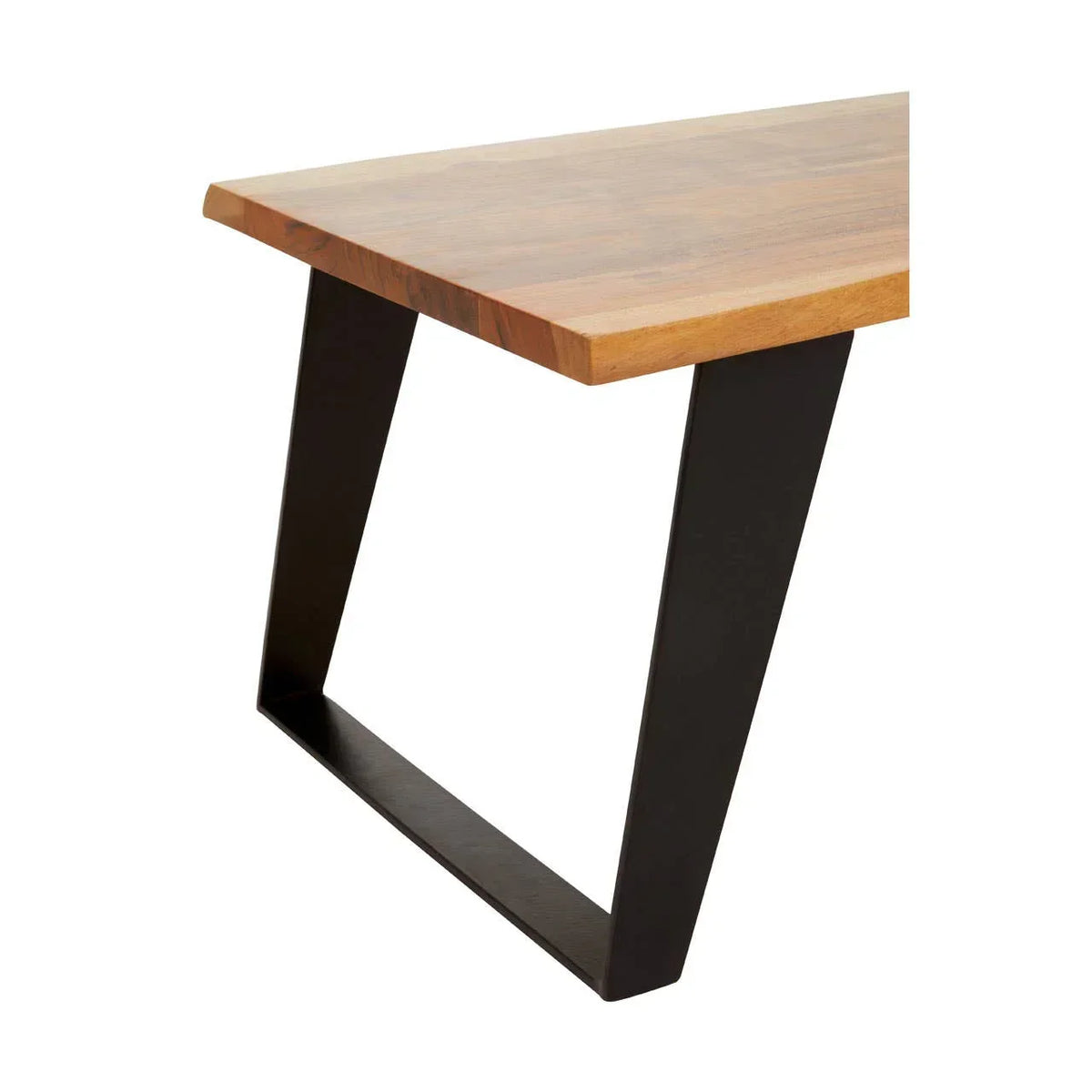 Rectangular dining table with solid wood top and black metal angled legs, close-up view