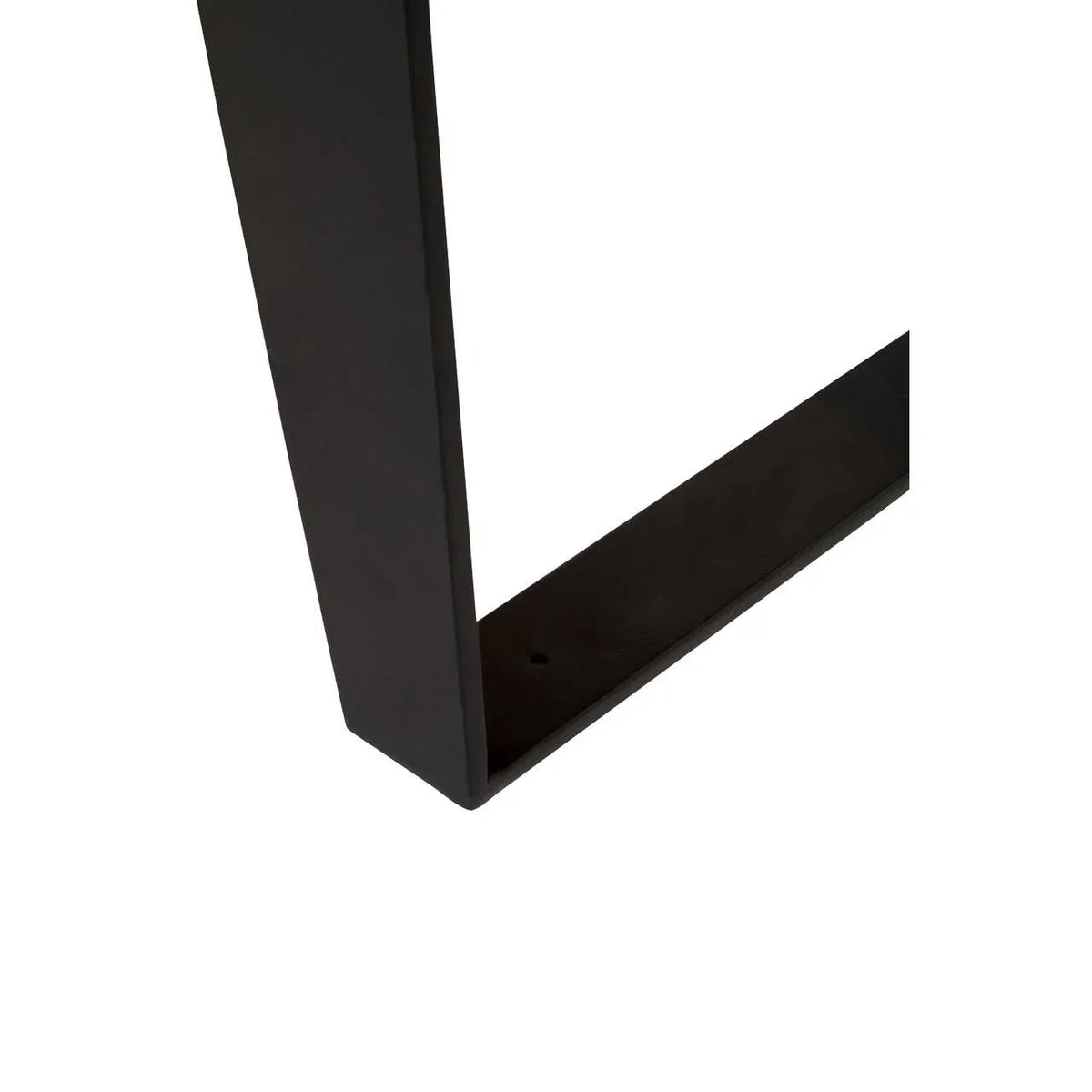 Black metal table leg with modern square design, shown from a close corner angle