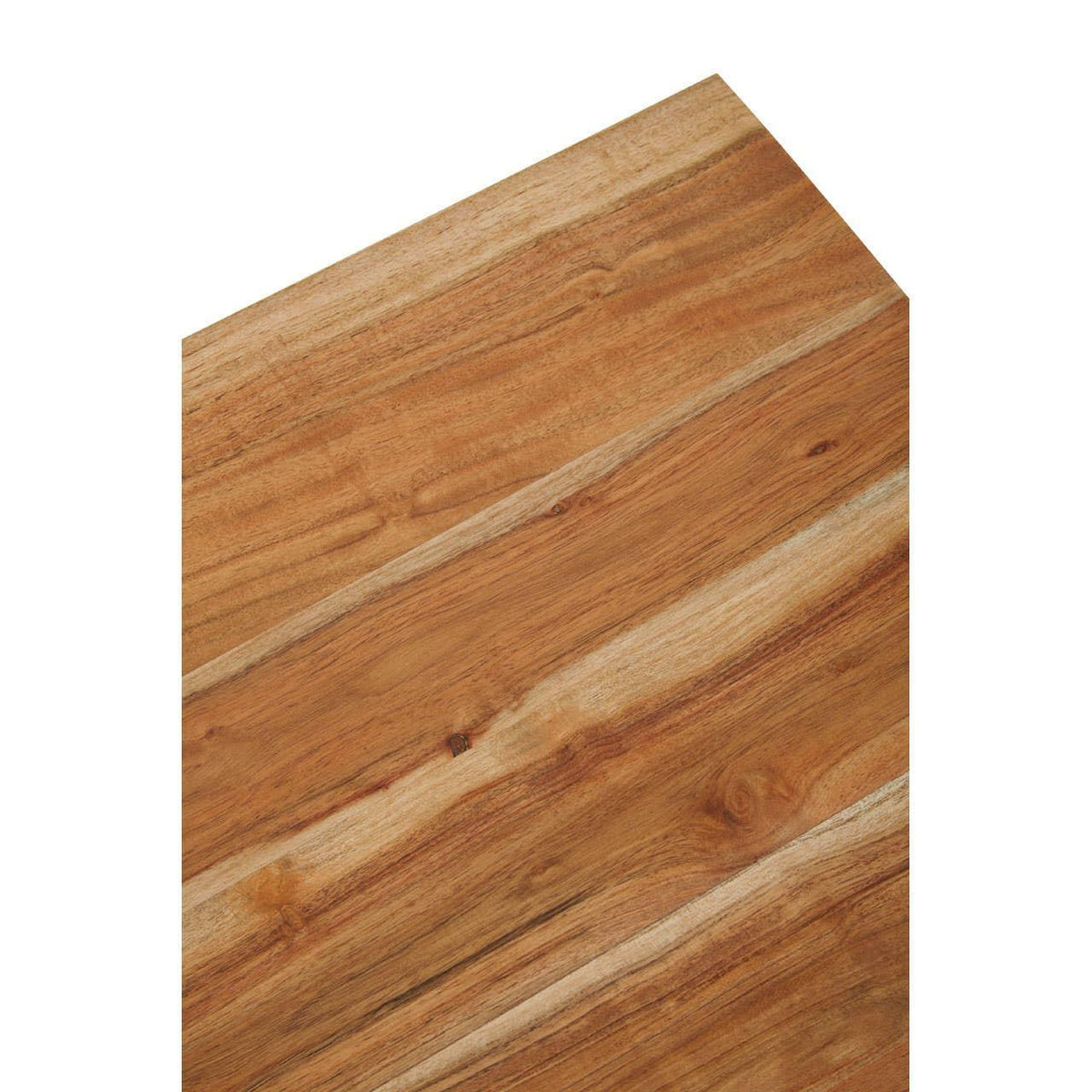 Corner detail of acacia wood table top with natural grain pattern