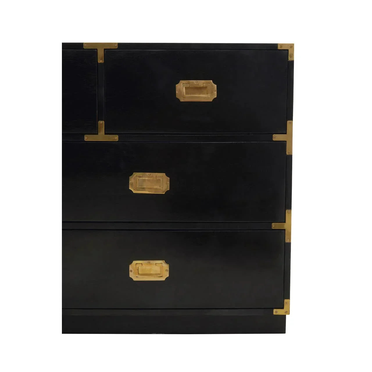 Black chest of drawers with brass handles and corner accents, close-up front view