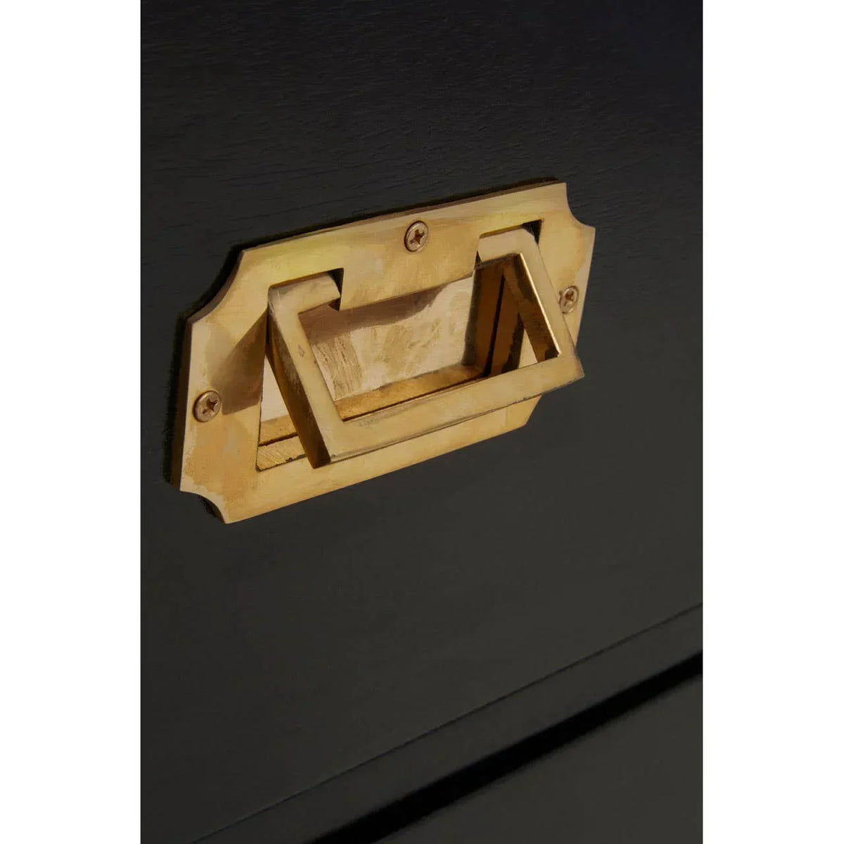 Brass drawer handle on black wooden furniture, close-up of hardware detail