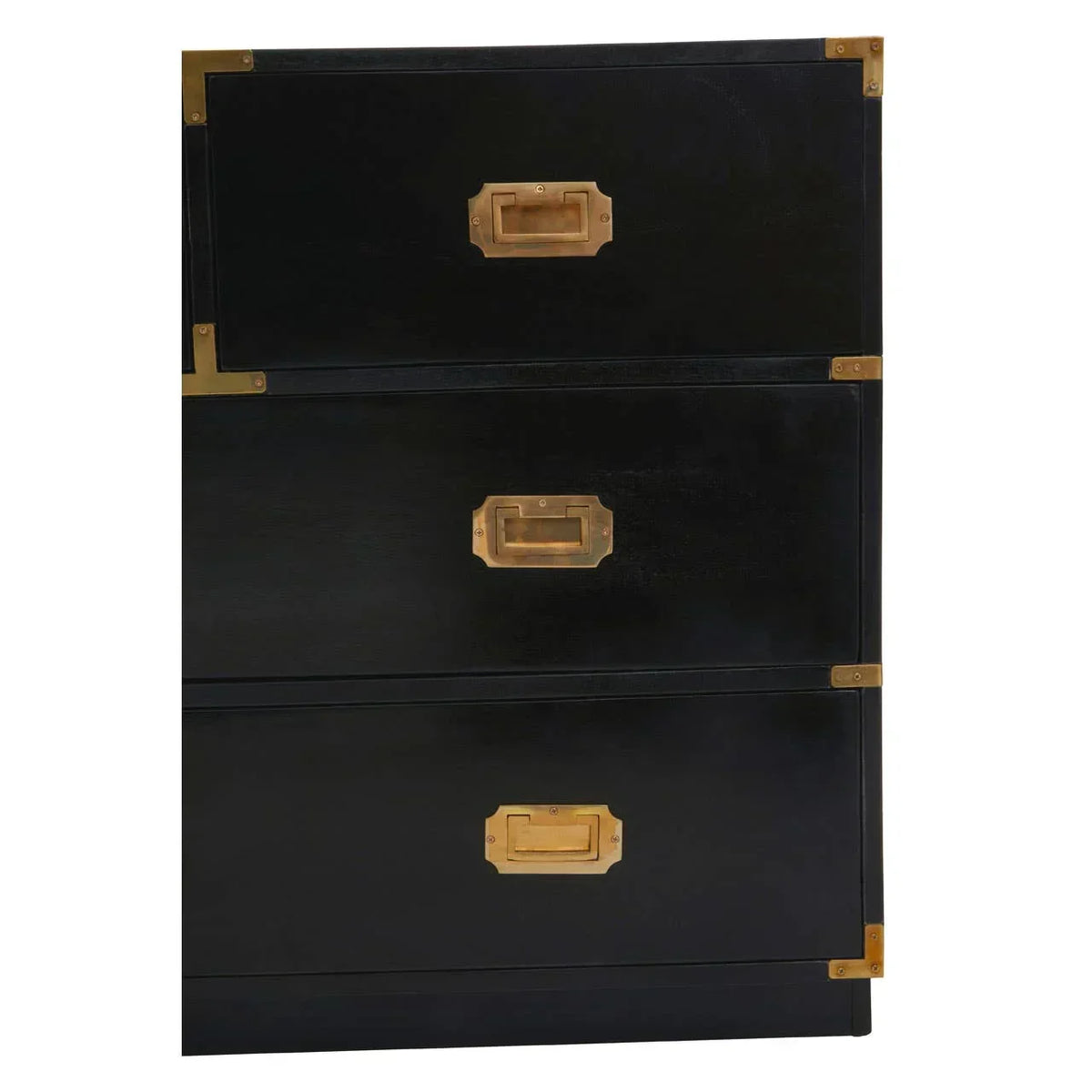 Black wooden chest of drawers with brass handles and corner accents, front view