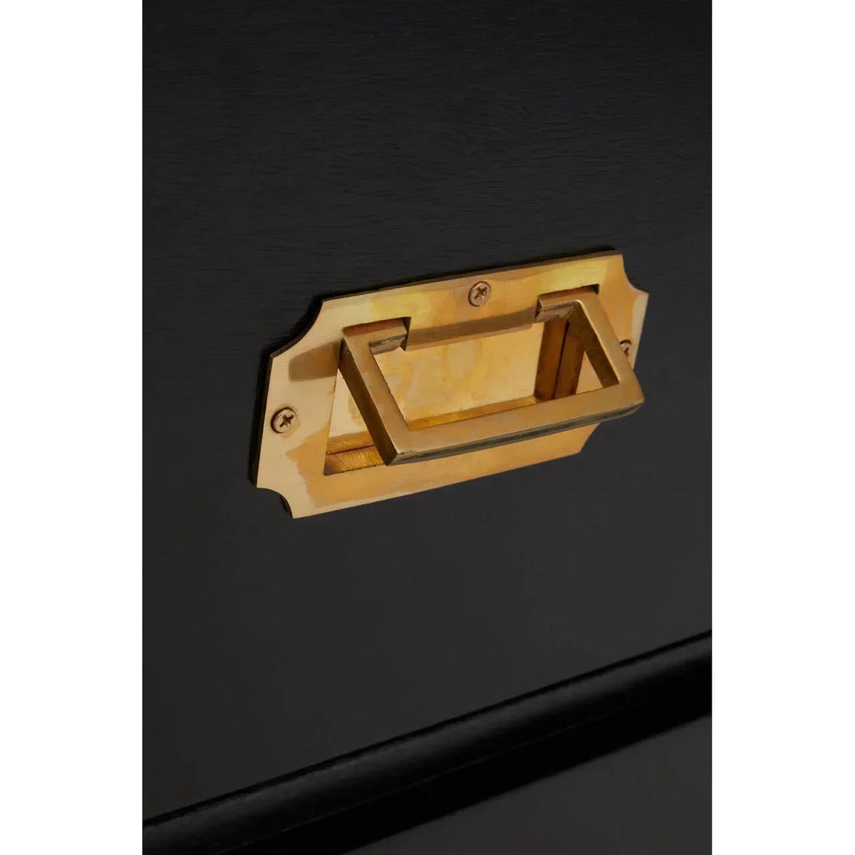 Brass drawer handle on black wooden furniture with rectangular plate detail