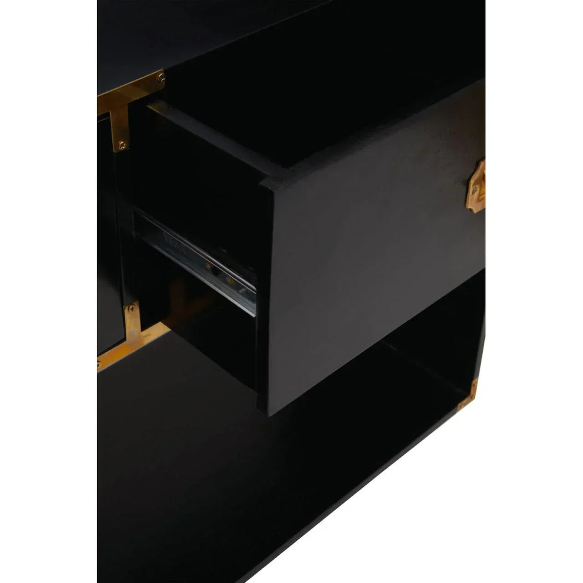 Black sideboard drawer with gold metal accents and open storage shelf