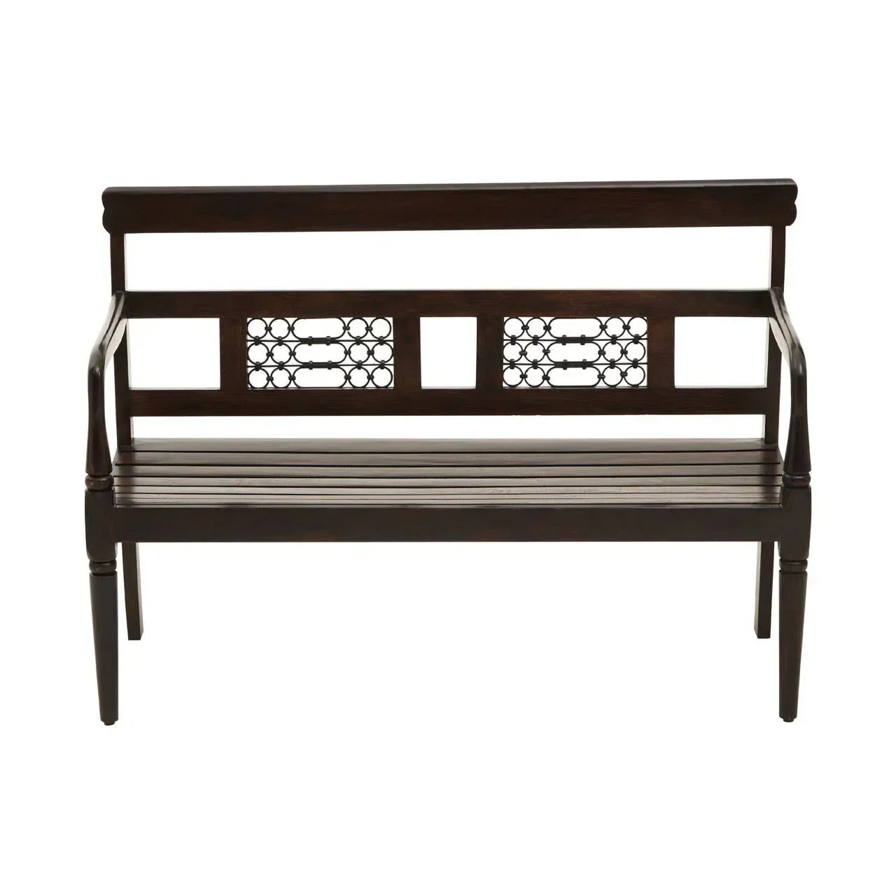 Dark wood bench with decorative backrest panels and slatted seat, front view