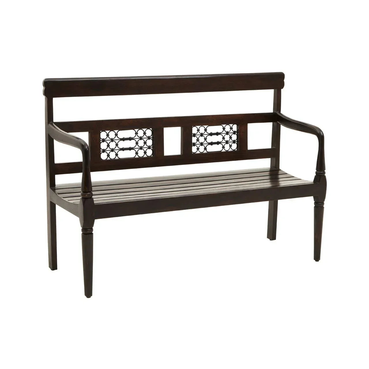 Dark wood bench with slatted seat, curved arms, and decorative lattice backrest panels
