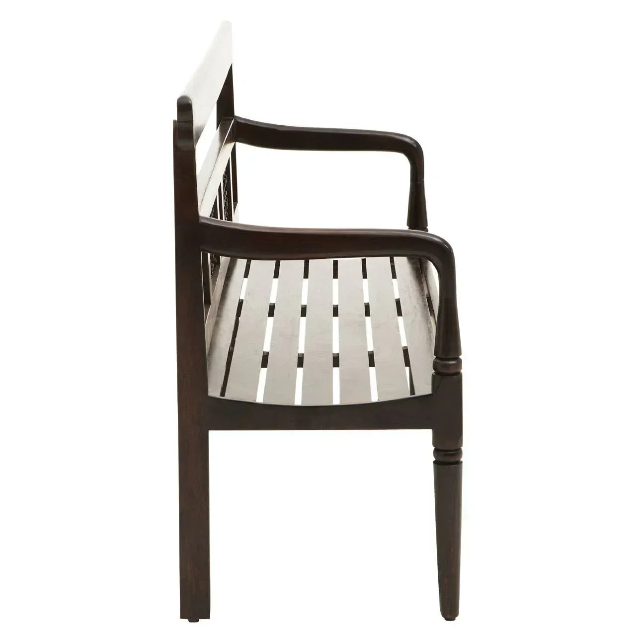 Side view of dark wood bench with slatted seat and curved arms