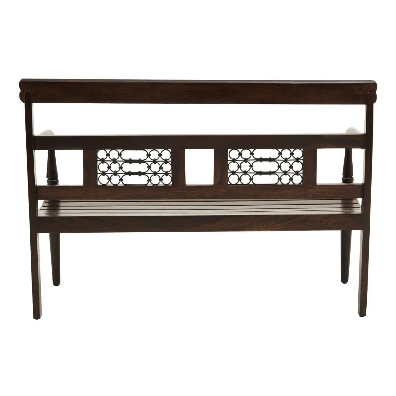 Dark wood bench with decorative lattice back panel and slatted seat, rear view