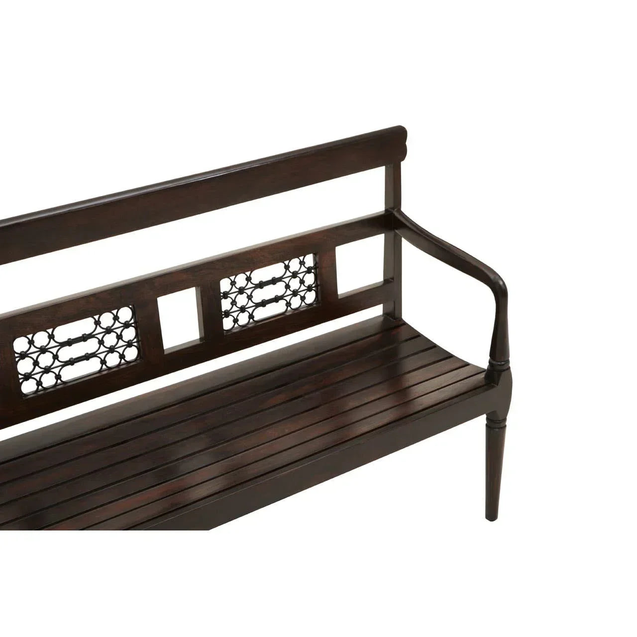 Dark wood bench with slatted seat and decorative cut-out backrest detail