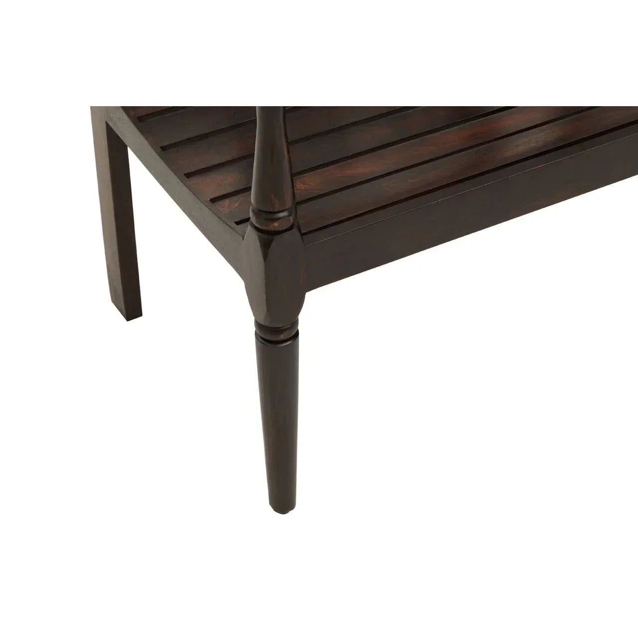 Dark wood bench leg with slatted seat and turned detail close-up