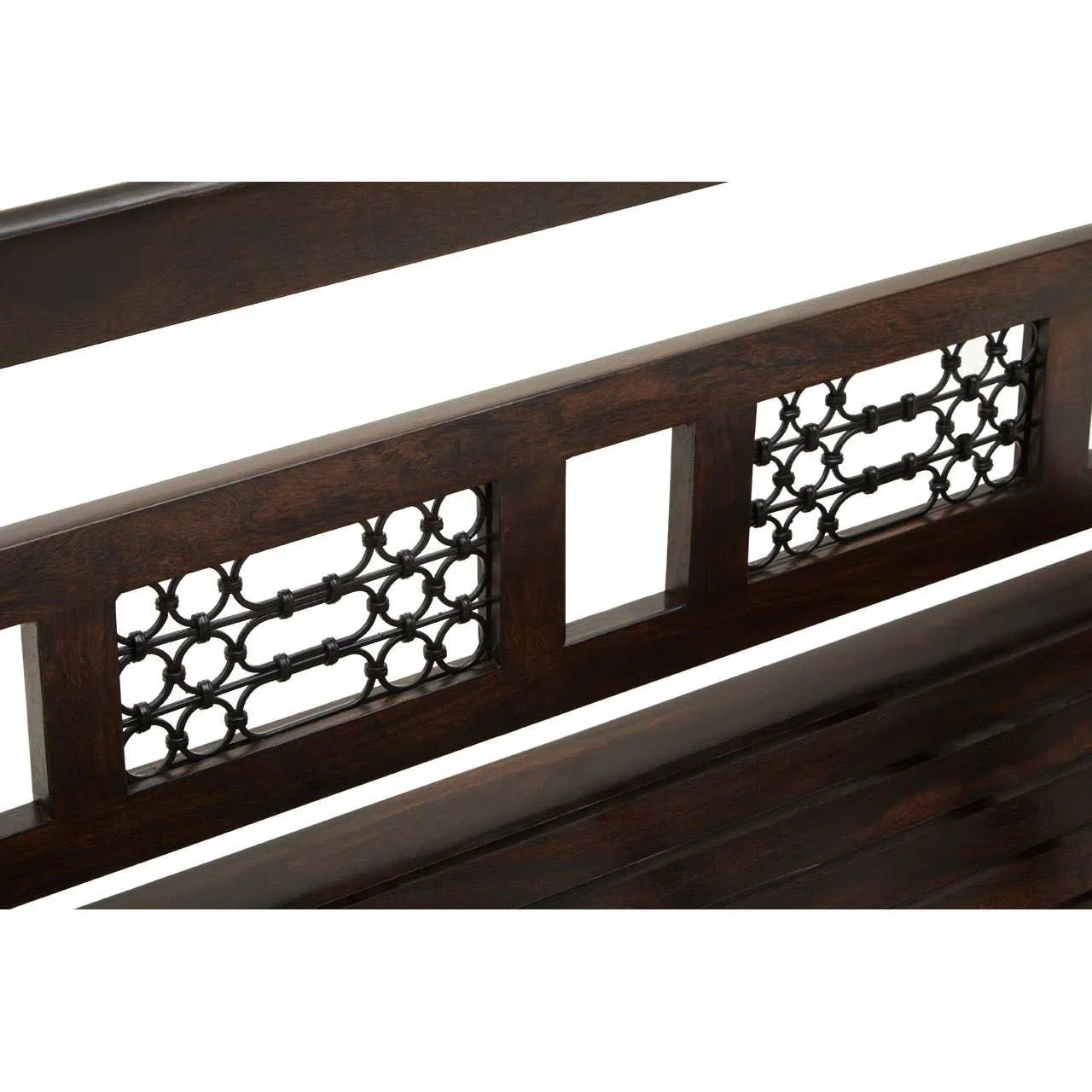 Dark wood bench backrest with decorative metal lattice insert and horizontal slats