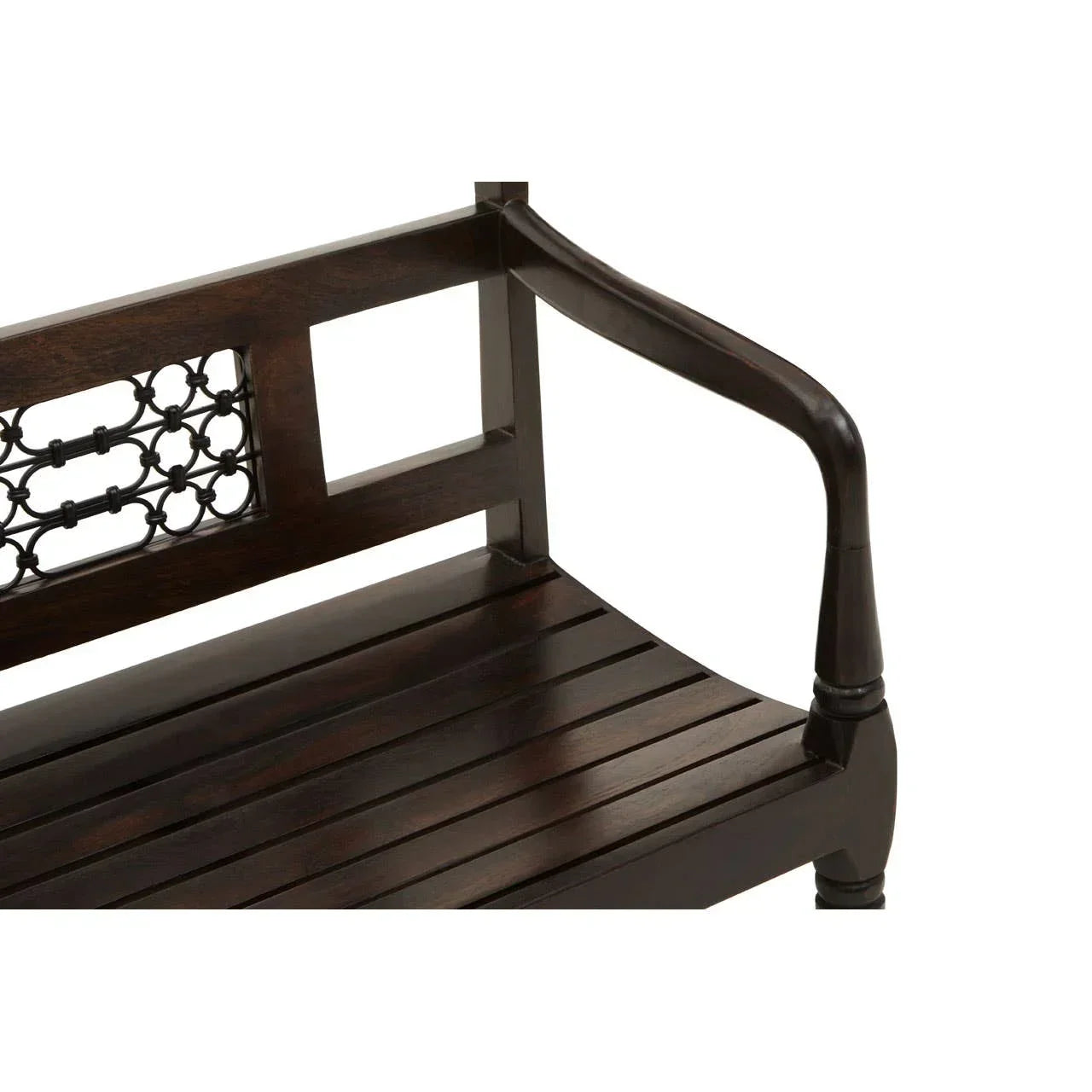 Dark wood bench seat with slatted base and decorative metal backrest detail