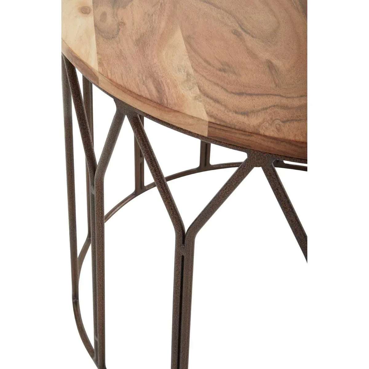 Round wood side table with metal geometric base, close angle on tabletop and frame