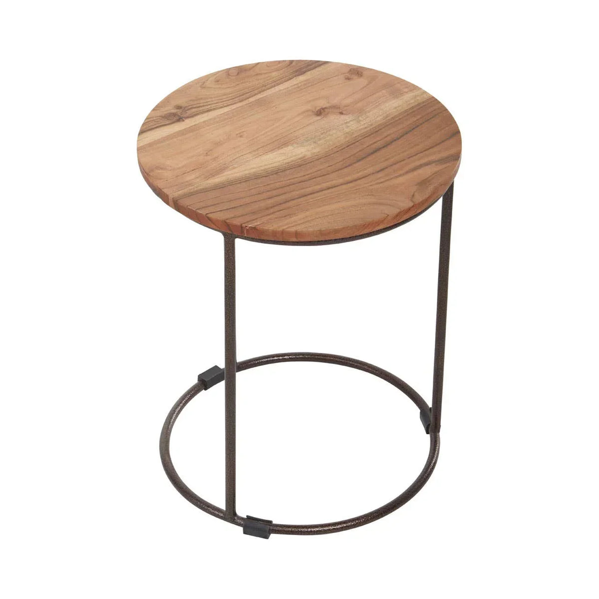 Round wooden side table with metal frame and circular base on white background