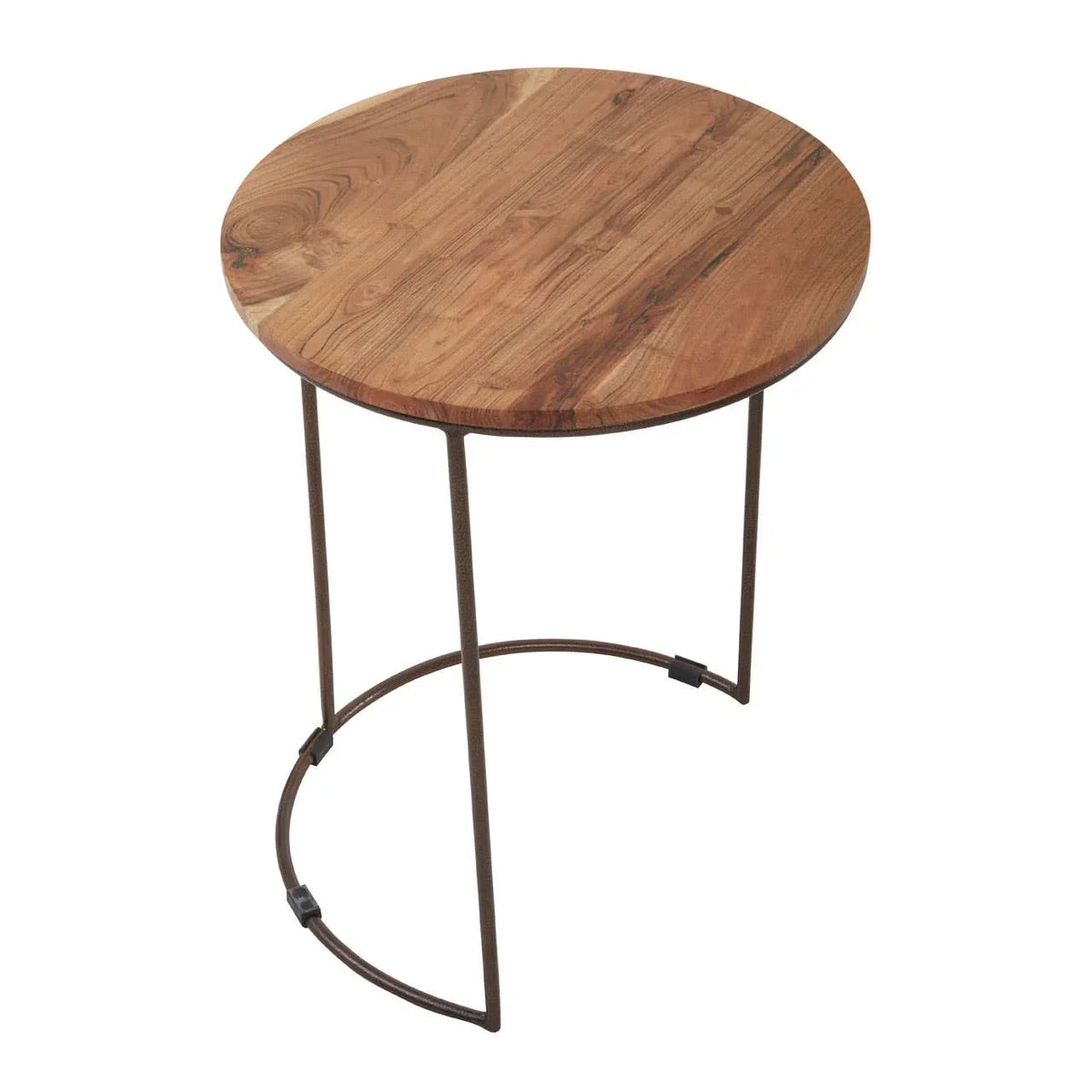 Round wooden side table with slim metal legs and natural finish