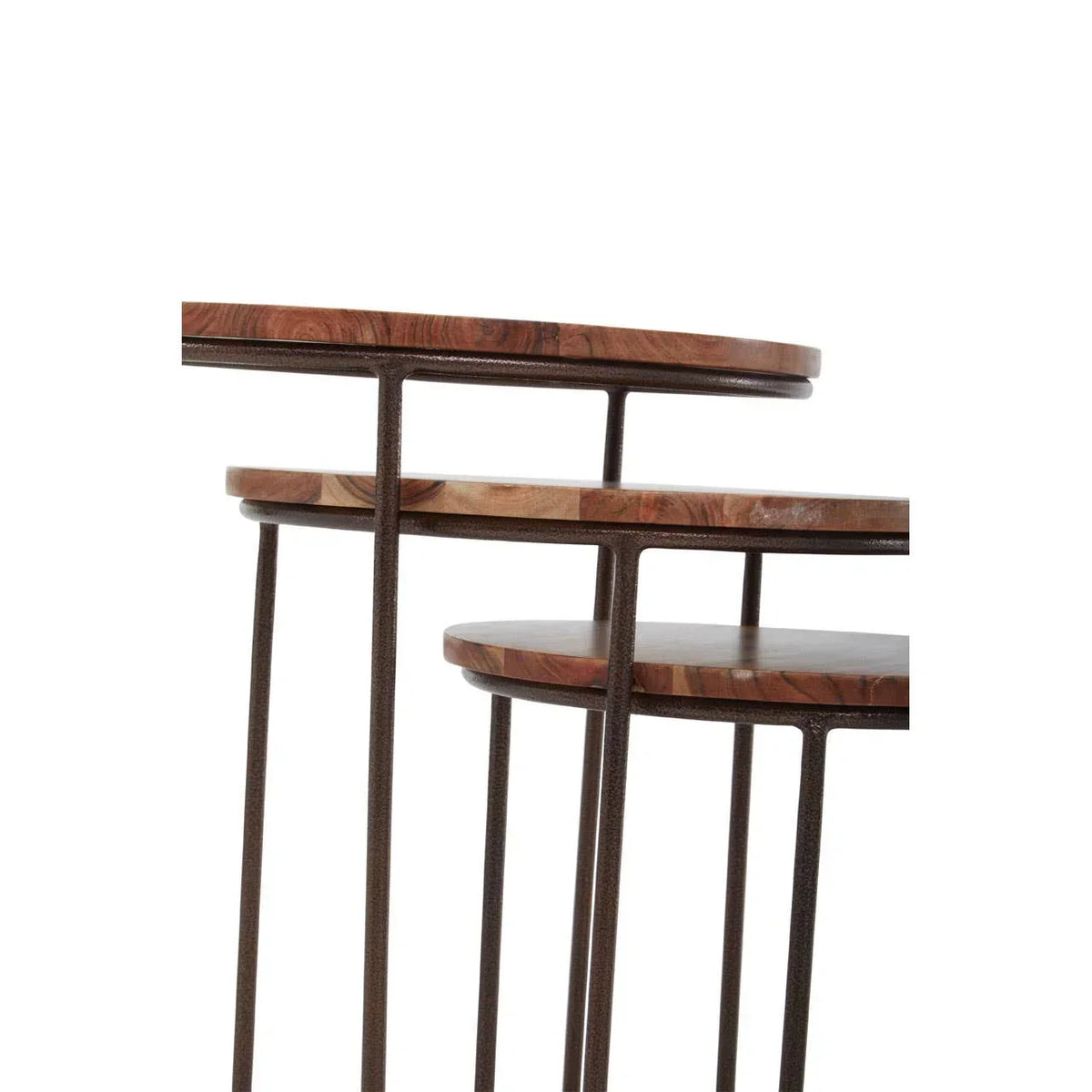 Round wooden nesting tables with metal frames, close-up side view