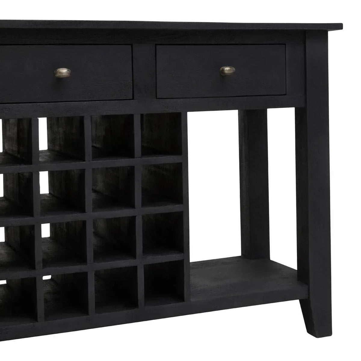 Black wooden sideboard with wine rack and two drawers, close-up of storage details