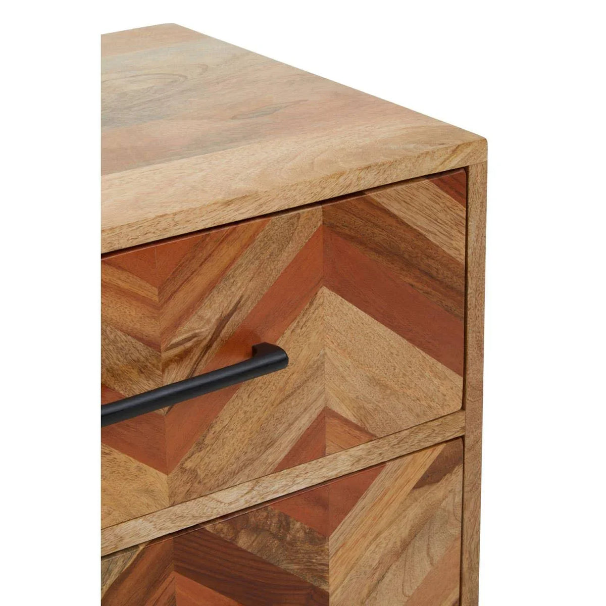 Chevron pattern wood drawer front with black metal handle, closeup angle