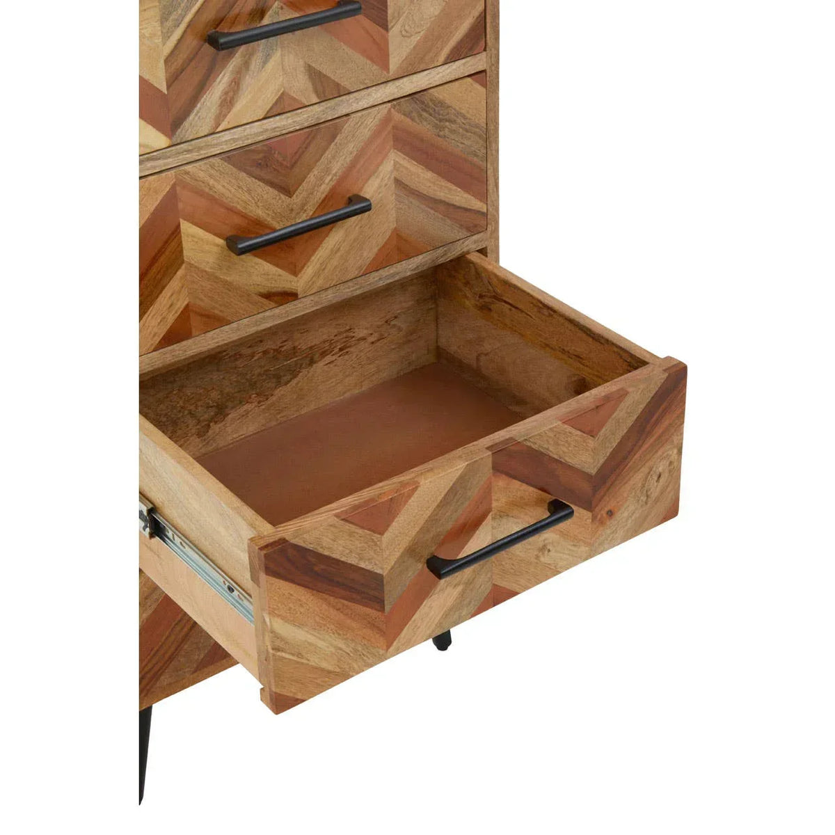 Chevron pattern wooden chest of drawers with black handles and open drawer