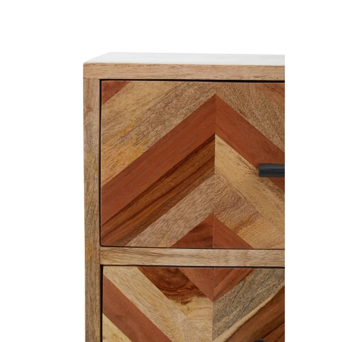 Chevron pattern wood bedside table with two drawers and black handle closeup