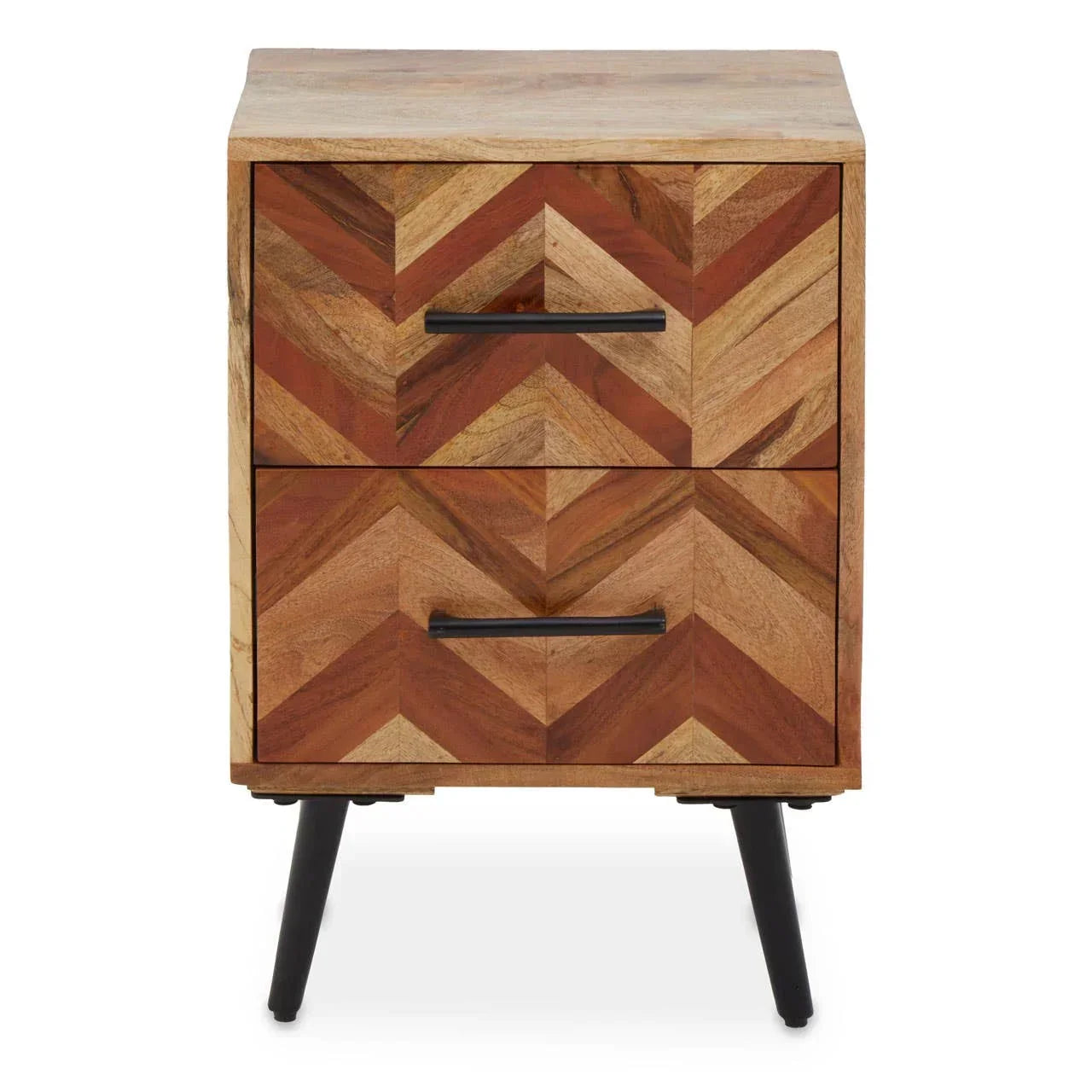 Chevron pattern wooden bedside table with two drawers and black legs