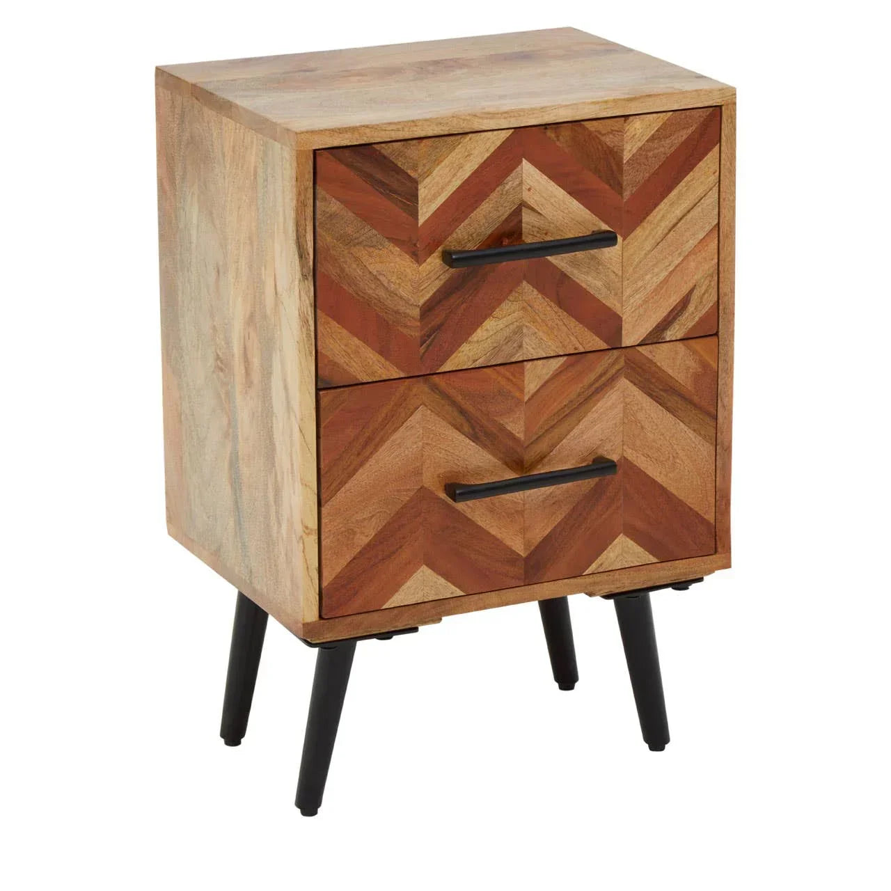 Chevron pattern wooden bedside table with black metal handles and angled legs