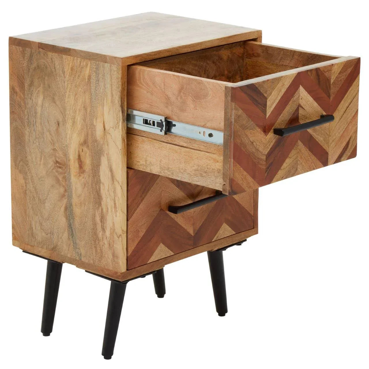 Wooden bedside table with herringbone drawer fronts and black metal handles on angled legs